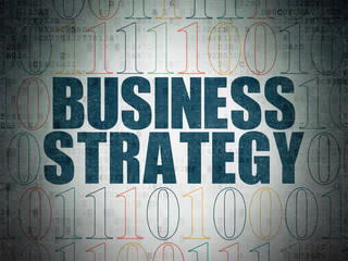 Business concept: Painted blue text Business Strategy on Digital Data Paper background with Binary Code