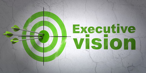 Success finance concept: arrows hitting the center of target, Green Executive Vision on wall background, 3D rendering