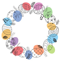 Easter wreath with easter eggs hand drawn on white background. Easter eggs with ornaments in circle shape with watercolor dots