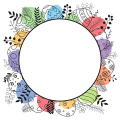 Happy Easter greeting card with round frame and Easter eggs hand drawn