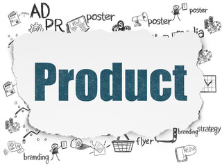 Marketing concept: Painted blue text Product on Torn Paper background with  Hand Drawn Marketing Icons