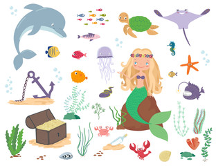 Fototapeta premium Mermaid, sea animals and seaweed. Cartoon vector illustration