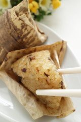 Chinese food, steamed sticy rice dumpling in leaf