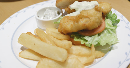 Burger and fries in restaurant
