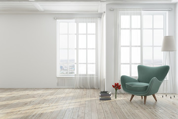 White living room with a green armchair