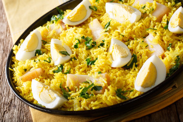 Tasty homemade Kedgeree with fish, boiled eggs, cilantro close-up on a plate. horizontal