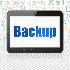 Database concept: Tablet Computer with  blue text Backup on display,  Tag Cloud background, 3D rendering