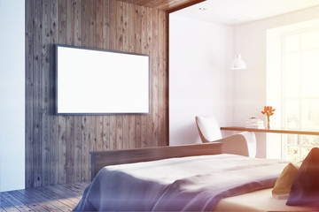 Dark wooden and white bedroom. TV set toned