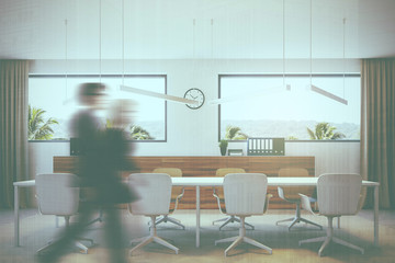 White and wooden meeting room interior people