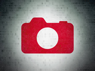 Travel concept: Painted red Photo Camera icon on Digital Data Paper background