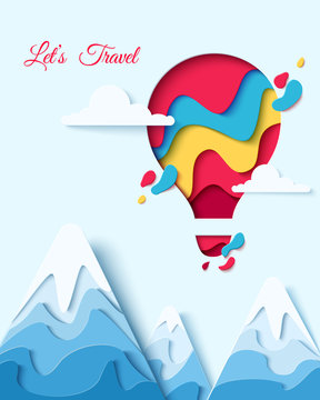 Lets Travel paper art concept of hot air balloon in sky with clouds over mountains. Vector travel origami paper cut banner