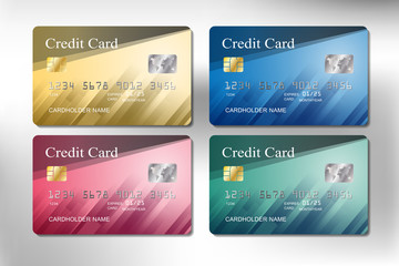 gold, pink, green and blue color credit cards set realistic with vector illustration design eps10