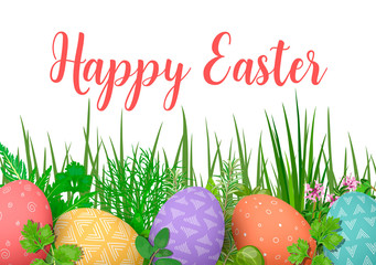 Happy Easter. Easter colorful eggs in row with different simple ornaments. white wooden background and floral frame