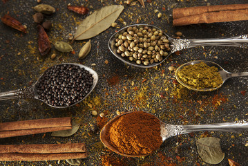 spices, variety of colorful aromatic spices, pepper, mustard, chili, coriander, cinnamon, cardamom