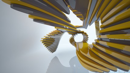 Abstract white, brown and yellow parametric interior with window. 3D illustration and rendering.