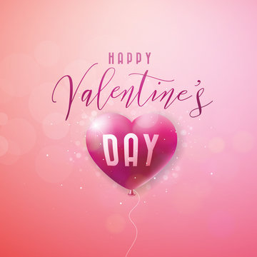 Happy Valentines Day Design with Red Balloon Heart and Typography Letter on Pink Background. Vector Wedding and Love Theme Illustration for Greeting Card, Party Invitation or Promo Banner.