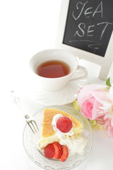 Homemade made cheese cake and strawberry and blackboard for cafe shope image