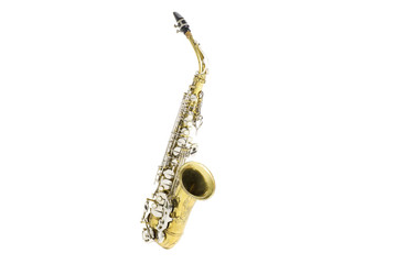 isolated in white portrait of an alto saxophone / gold and silver brass saxophone in white...