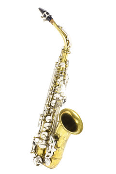 isolated in white portrait of an alto saxophone / gold and silver brass saxophone in white background