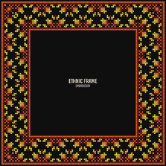 Embroidery frame. Cross stitching card for design. Handicraft background. Card with stitches and place for text.