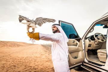 Arabic man in the desert with his hawk