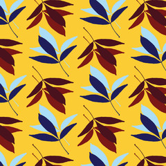 Hand drawn leaves vector pattern in yellow, blue and red colors palette