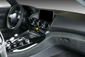 Modern Luxury car inside. Interior of prestige modern car. Comfortable leather seats. Black...