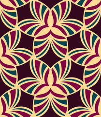 Seamless pattern morrocan ornament. Floral textile print. Islamic vector design. Oriental background with abstract flowers. Hexagonal trefoil swatch. Stained glass vitrage.