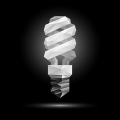 Vector 3d low poly fluorescent light bulb model. Glowing polygonal bulb illustration on a black background