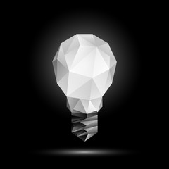 Vector 3d low poly light bulb model. Glowing polygonal bulb illustration on a black background