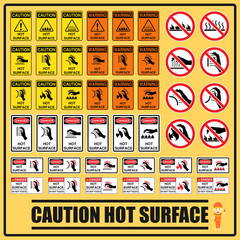 Set of safety caution signs and symbols of the hot surface, Labels and signs using for all hot surfaces prevention.