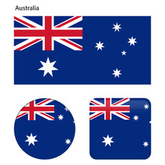 Flag of Australia. Correct proportions, elements, colors. Set of icons, square, button. Vector illustration on white background.