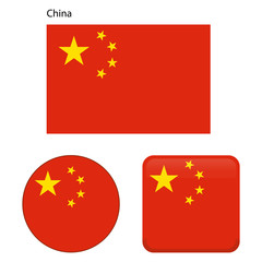 Flag of China. Correct proportions, elements, colors. Set of icons, square, button. Vector illustration on white background.