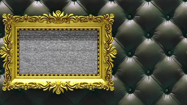 Camera moves along gold picture frames on luxury black upholstery background. Seamless looped 3d animation. Mockup with tv noise and green screen.