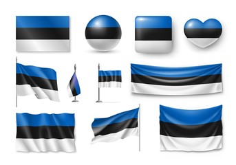 Set Estonia flags, banners, banners, symbols, flat icon. Vector illustration of collection of national symbols on various objects and state signs