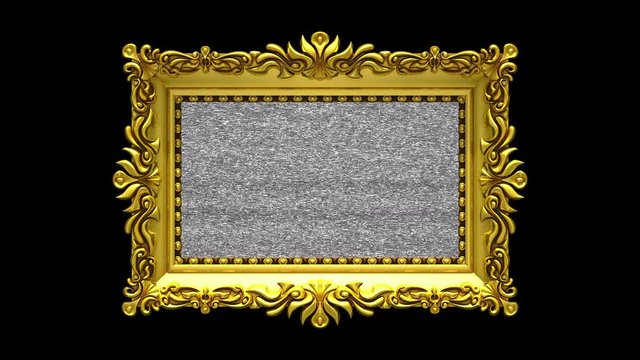 Black background. Tv noise and green chroma key plays on the screen in ornate gold picture frame. 3D animated intro.