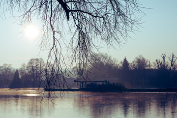 Transport ship on a river on a sunny winter morning