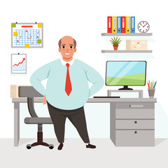 Fat bald man in office. Worker in formal clothing. Workplace with table, chair, computer, chart, graph, shelf with folders, flower, working papers on wall. Flat vector design