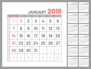 Set identical planners 2018. January separately, flat, template. Vector illustration of planners collection