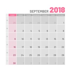 Practical light-colored planner, 2018 September, flat. Useful calendar for taking every day notes. Vector illustration