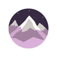 Colored illustration of winter landscape with snowy mountain peaks and night starry sky. Flat round-shaped emblem. Travel or adventure concept. Cartoon vector design