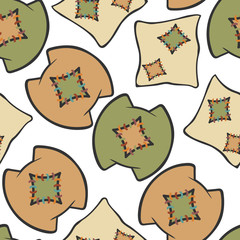 Pillow with patch isolated on white background, vector seamless pattern. Template for fabrics, textiles, packaging, wrappers, web design, wrapping paper. Pattern with atmosphere of heat and cosiness.