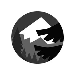 Night landscape of the pine forest and mountain with snowy peak. Abstract vector natural scene. Geometric round-shaped design. Flat vector illustration