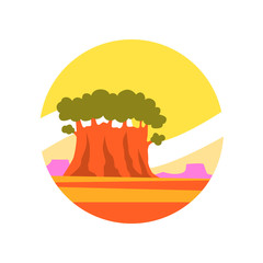 Round-shaped icon of sunny summer landscape with old green baobab. Travel or adventure concept. Natural environment icon. Flat vector design for ecology company