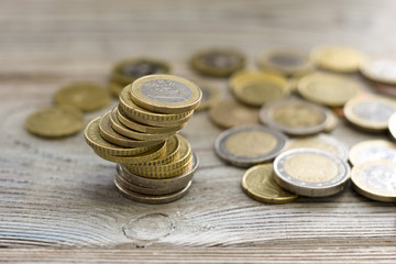 Euro coins. Euro money. Euro currency. Coins stacked on each other in different positions. Money concept.