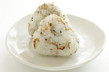 Japanese food, spicy small sardines shirasu in rice ball