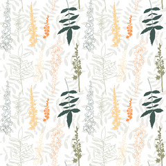 Floral vector seamless pattern with hand drawn  meadow flowers, twigs and leaves.