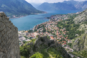 Aerial view from St John Fortess in ancient part of Kotor town, Montenegro