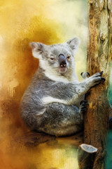 Obraz premium A cute painted koala sits on a tree trunk.