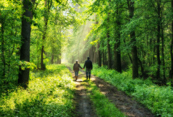 spring forest. man and woman in a picturesque forest. beautiful sun rays